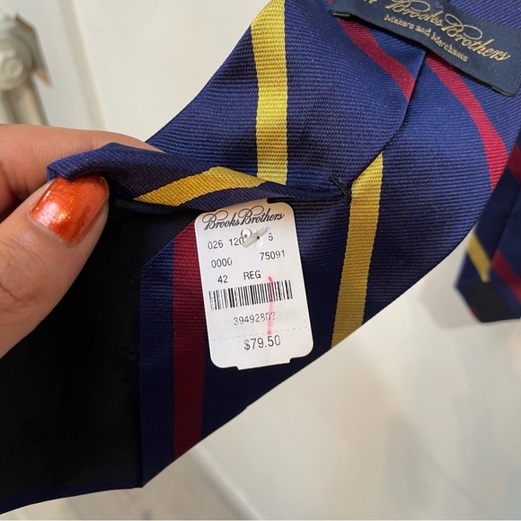 Brooks Brothers Navy Tie with Red and Yellow Stripes - Picture 3 of 4